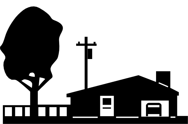 The image shows a single family house with two visible windows on its front side; it has an attached garage to the left of the entrance door which is centrally located in relation to both ends of the roofline, and there's no text present within this small clip-art illustration.