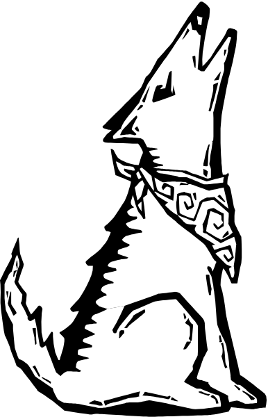 The black and white illustration shows a dog wearing sunglasses with an intricate design on its headband, standing in front of what appears to be a castle-like structure under a striped sky background.