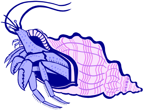 The image shows a cartoon lobster with an open shell revealing its body inside, positioned next to what appears to be a pink snail-like creature that is partially visible on one side of the frame; both creatures have antennae and claws in their respective designs.
