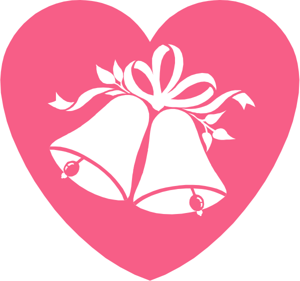 The image shows two pink hearts with a white bell inside each heart on top of them; there is no text present within this clip-art illustration.