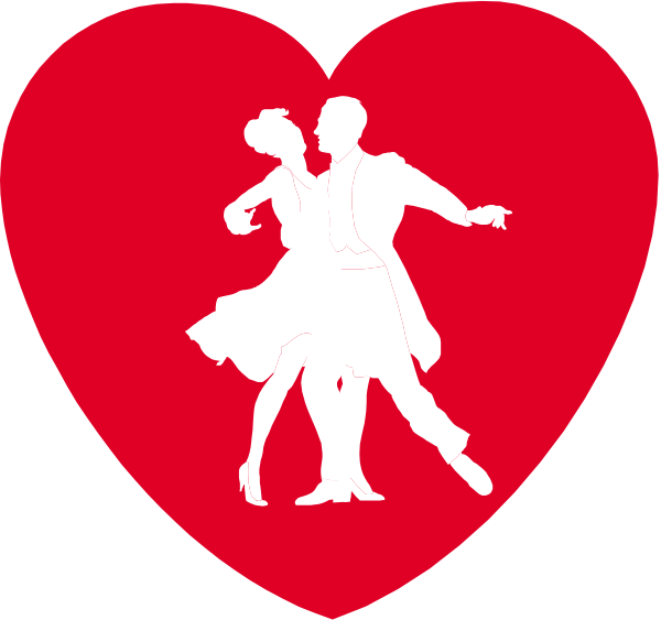 The image shows a red heart with two dancing figures inside it against white backgrounds on either side of an identical central figure that is also in motion as if dancing.