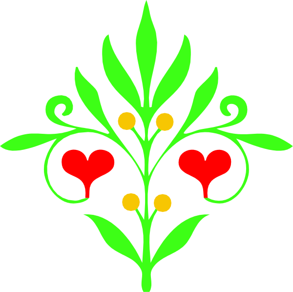 The image shows a black background with an intricate design featuring green leaves on either side of three red hearts connected by yellow lines in between them.