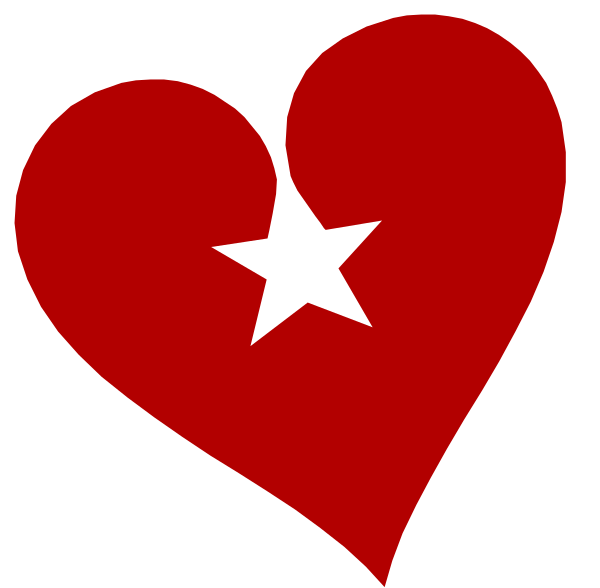 The image shows a red heart with two black stars on it against a white background.