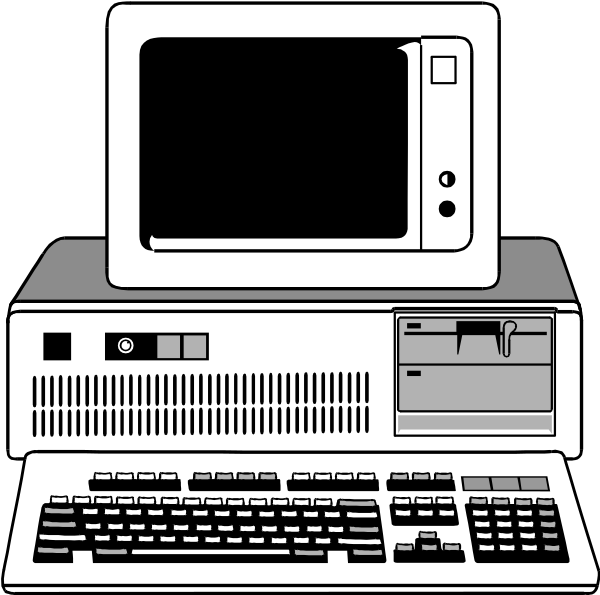 The black and white illustration shows a desktop computer with an old monitor on top of it next to a keyboard labeled "IBM" in front of what appears to be a printer.