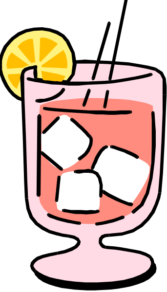 The illustration shows a tall glass filled with ice cubes topped off with lemon slices on top of it, placed in front of what appears to be an orange drink that could possibly contain ginger ale or another type of fizzy liquid and is served over crushed ice; the background behind this scene has been blacked out.