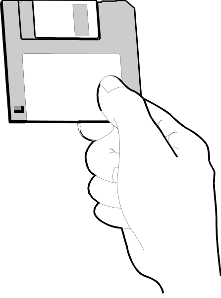 The image shows a hand holding an old floppy disk drive with a label on it that reads "3 1/2". There is no other text present in this small clip-art image. This appears to be a stylized representation of technology from earlier times, specifically the era when CDs and DVDs were not yet commonplace for data storage or transfer. The hand holding the floppy disk drive suggests that someone might have been using it at one point but is no longer doing so in this image.