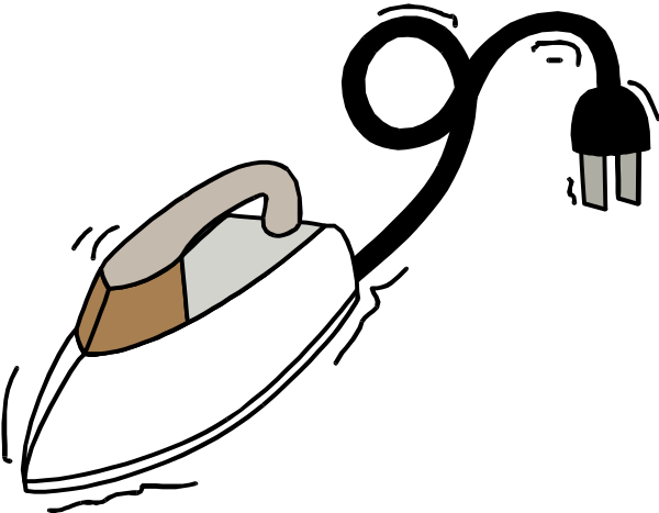 The image shows a black ironing board with an illustration of two hands holding it up against a dark background; there is also a red button on top left corner that resembles a stop sign.