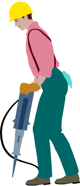 The illustration shows a man wearing blue overalls standing next to an upright drill with two attachments on it; he is holding one of these tools in his right hand while looking down at them.