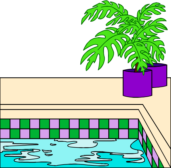 The image shows a potted plant with green leaves on top of an indoor swimming pool ledge next to purple tiles under what appears to be nighttime lighting conditions.