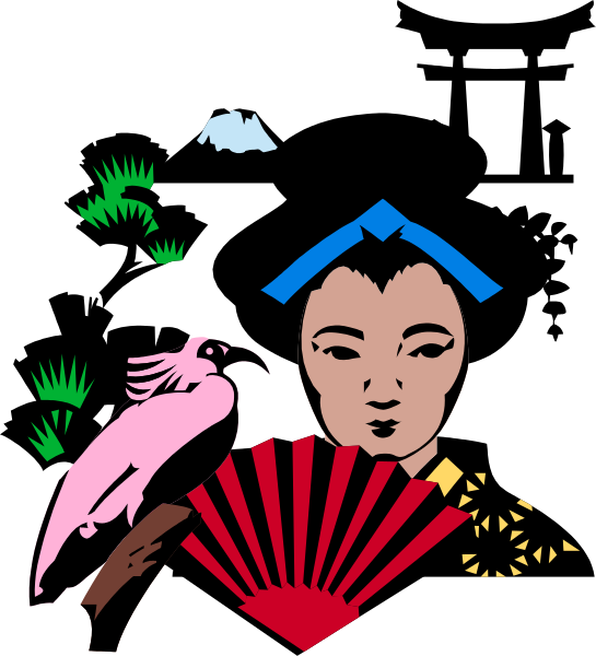 The image features a stylized illustration of an Asian woman with blue hair on her head, wearing traditional clothing; she is surrounded by various elements such as birds (possibly parrots), plants, trees in silhouette form, and what appears to be Japanese lanterns or fans.