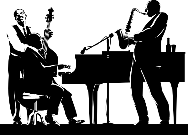 The black and white photo shows a man playing an upright bass next to another person who appears to be singing into a microphone on stage in front of what looks like an audience.