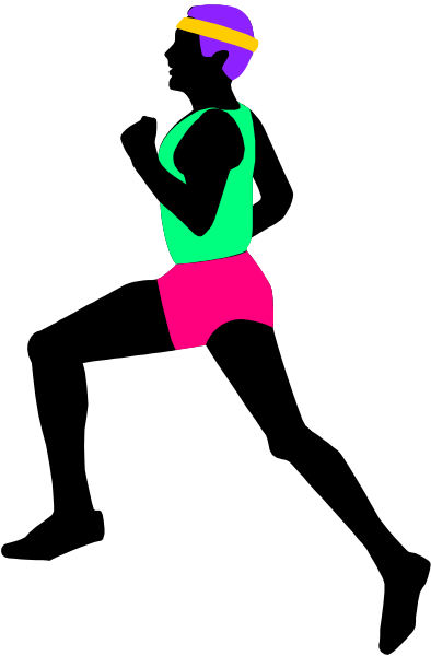 The image shows a person running with their head down on an outdoor track at nighttime.