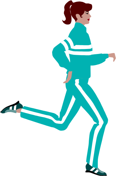 The image shows a person running on an outdoor track with their arms outstretched for balance; wearing blue athletic attire that includes shorts, top, socks, shoes, gloves, and headband in matching shades of light to darker blues.