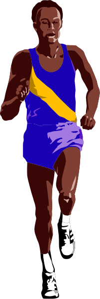 The image shows a runner with blue shorts running on an indoor track at nighttime.