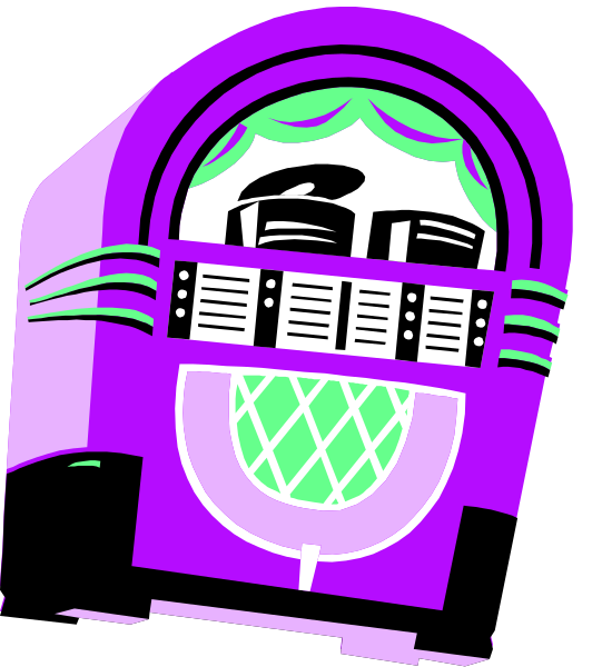 The illustration depicts a vintage jukebox with an open door revealing records inside against a purple background.