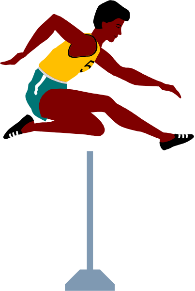 The image shows a black silhouette of an athlete on a balance beam with their arms outstretched for stability while jumping over it; there is no background detail provided in this clip-art illustration, focusing solely on the athletic action depicted by the figure and its immediate surroundings within the frame.