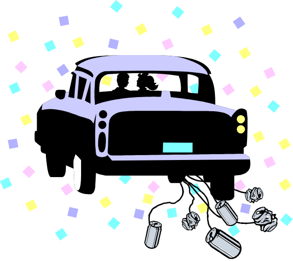 The image shows a black and white illustration of an old car with confetti around it on what appears to be a dark background; there is also trash scattered in front of the vehicle.