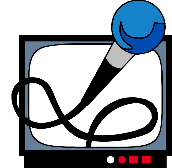 The image shows a cartoon of an old microphone with coiled wire on top placed next to what appears to be a television screen displaying static lines in shades of blue and white.