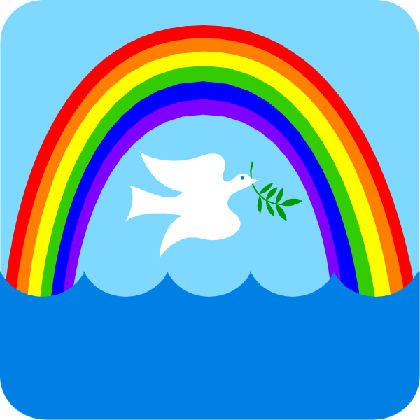 The image shows a rainbow with an illustration of a dove carrying an olive branch at its peak above it, set against a blue sky background that resembles water below; there is no text present in this clip-art graphic.