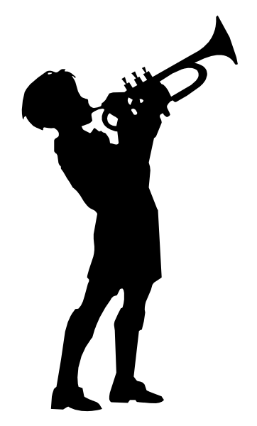 The image shows a black silhouette of an adult male playing a trumpet with his back to us against a white background; he is wearing shorts and has short hair.