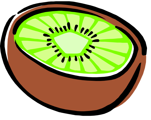 The image shows a slice of kiwi fruit with its green flesh surrounding black seeds inside an oval shape that resembles half of a coconut shell on top.