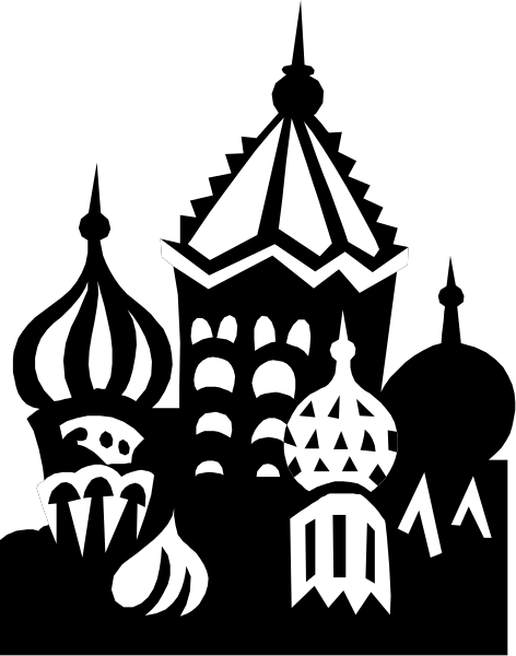 The black and white silhouette of a castle with various decorative elements around it.