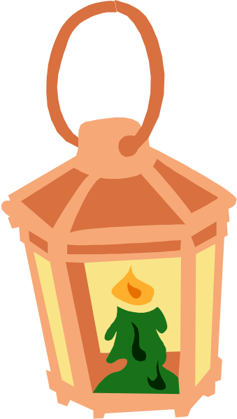The image shows a stylized illustration of an outdoor lantern with a candle inside it hanging on what appears to be a wall next to some greenery that resembles pine needles in front, and there is no text present within this small clip-art picture.