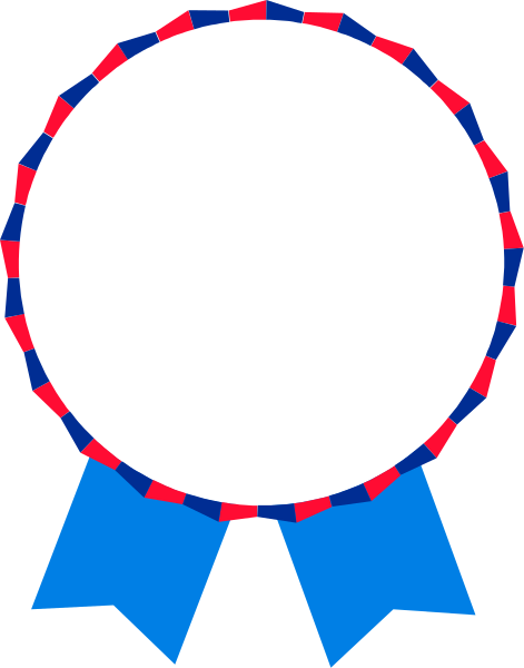 The image shows a circular badge with blue ribbons on either side of it against a black background.