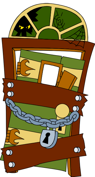 The illustration shows a cartoon depiction of an old wooden door with various items attached to it: on top is what appears to be a small skeleton figure holding up its arms as if in distress; below that, there's another smaller character resembling a ghost or ghoul peeking out from behind the door. The bottom part features two chains and padlocks securing the door shut with an exaggeratedly large key sticking through one of them. There is also what looks like a small black cat perched on top left corner, adding to the spooky theme