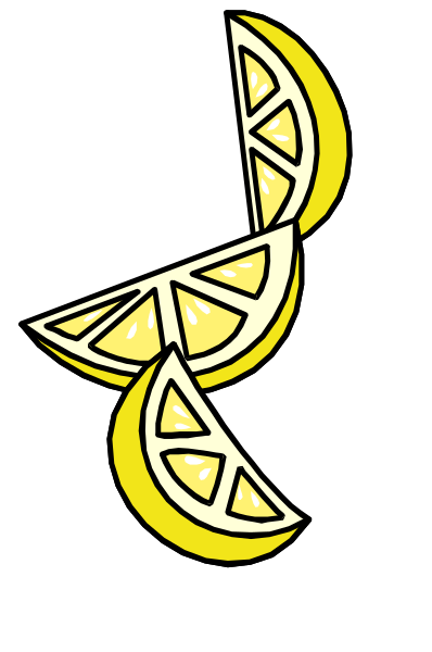The black and white illustration shows a slice of lemon with two slices on top forming an abstract shape that resembles a face, set against a dark background.