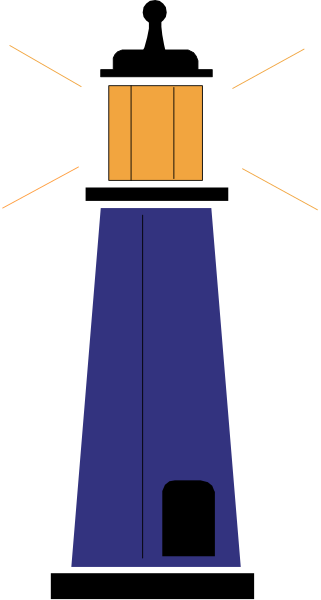 The image shows a blue building with an orange door on its side against a black background.