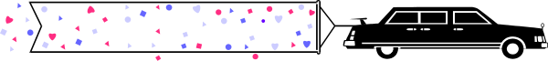The image shows a black car driving on an empty road with polka dots scattered around it.