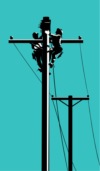 The image shows a black and white illustration of an electric pole with power lines attached to it against a blue background; there is one person standing on top of the utility pole holding onto its side while looking down, wearing dark clothing that contrasts sharply with their surroundings due to the monochrome color scheme.