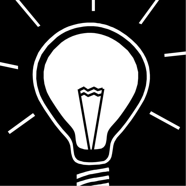 The black and white illustration shows a light bulb with an idea symbol inside it against a dark background.