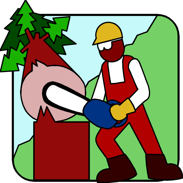 The illustration depicts a person wearing an orange jumpsuit with white stripes on their sleeves holding a chainsaw in front of them while standing next to two trees that have been cut down; there is also another tree behind him, and he appears to be working outside during the daytime.