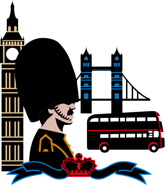 The black and white illustration depicts a cityscape with iconic landmarks such as Big Ben clock tower, London Bridge, Tower of Windsor Castle, red double-decker buses on streets, and various other buildings in background; there is also an image of a person riding bicycle.