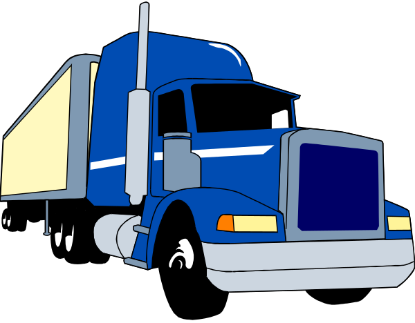 The image shows a blue semi truck with two trailers on it parked at night under dark skies.
