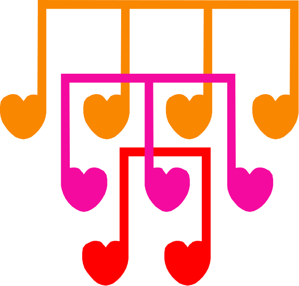 The image shows a colorful musical notes tree with hearts on it against a black background.