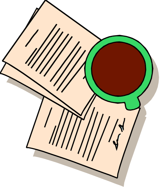 The image shows a coffee cup with red liquid on top of some papers that appear to be official documents; there is also an illustration in the background depicting two stacks of paper next to each other, suggesting organization and documentation processes.