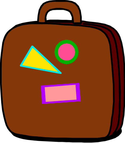 The image shows a cartoon of an anthropomorphic suitcase with eyes and mouth drawn on it to give it facial features; there is no text present in this clip-art illustration.