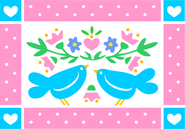 The image shows a stylized illustration of two birds sitting together on what appears to be an embroidered banner with floral patterns in pinks and blues against a dark background; there is no text present, focusing solely on the visual elements within this small clip-art piece.