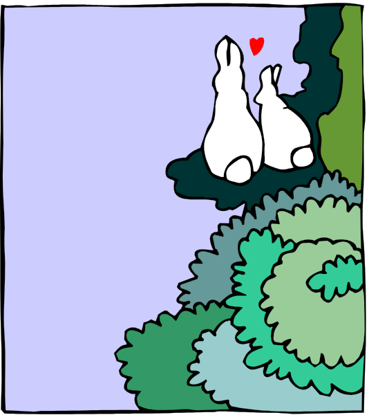 The black and white illustration shows a cartoon of two characters standing on top of what appears to be an ice cream cone-shaped structure with one character holding another's hand in front of them against a dark background, suggesting nighttime setting; there is no text present within this image.