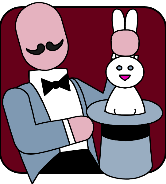 The illustration shows a cartoon rabbit dressed as a magician holding up an oversized top hat with a small white bunny inside it while standing on stage in front of red curtains; to his right, there is another character who appears to be a humanoid figure wearing glasses and a suit.