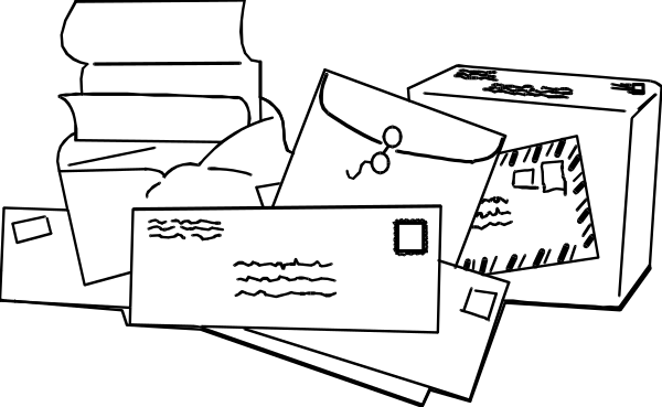 The black and white illustration shows a cluttered desk with various items such as papers scattered around it; there is no text present in this image.