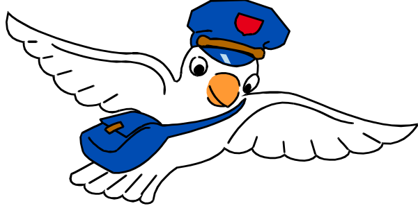 The image shows a cartoon of an airplane with wings flying through space carrying a mailbox labeled "mail" on its back.