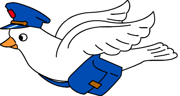 The image shows a cartoon of an eagle with wings spread wide flying over a bird that is wearing a blue uniform resembling mail attire; both birds appear to be in mid-flight against a black background, and there's no text present.