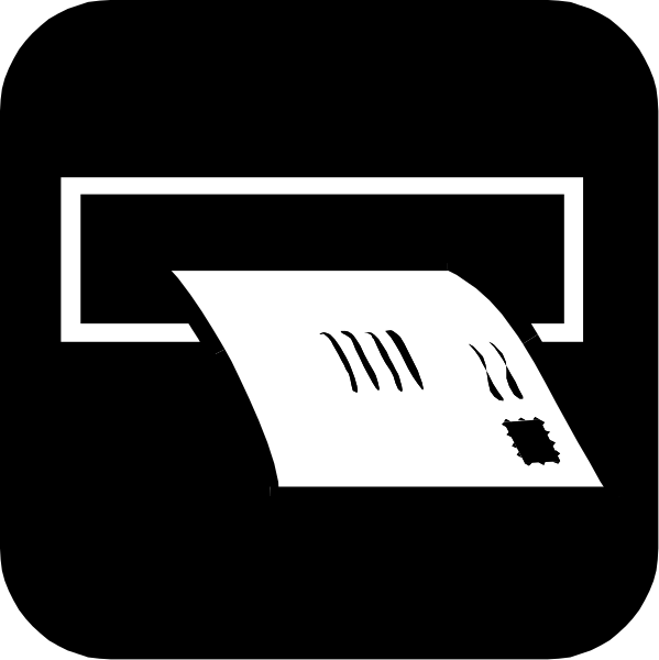 The image shows a black and white icon of an ink cartridge with paper coming out from it into what appears to be a printer tray below.