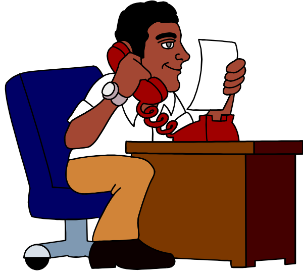 The cartoon depicts a man sitting at his desk with papers spread out before him; he is holding an old-fashioned telephone to one ear while reading from another piece of paper in front of him, seemingly engrossed and focused on whatever task or conversation he's handling.