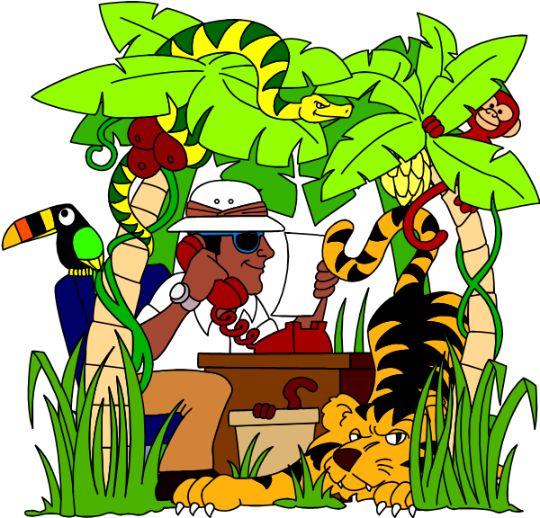 The illustration depicts a man sitting at an outdoor desk under palm trees with jungle foliage around him; he is holding papers in his hands while talking on a phone next to two tigers, one of which has its paw raised as if waving or greeting the viewer.