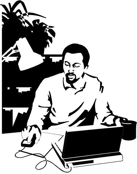 The black and white illustration shows a man sitting at his desk with an open laptop computer on it; he is wearing glasses and appears to be working intently while looking downward towards something off-frame.